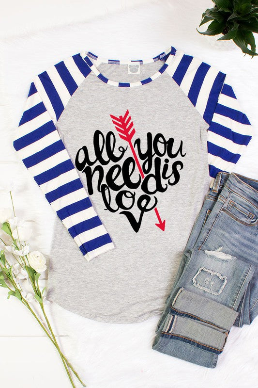 SALE All You Need is Love Valentines Day Arrow Striped Raglan Long Sleeve Shirt