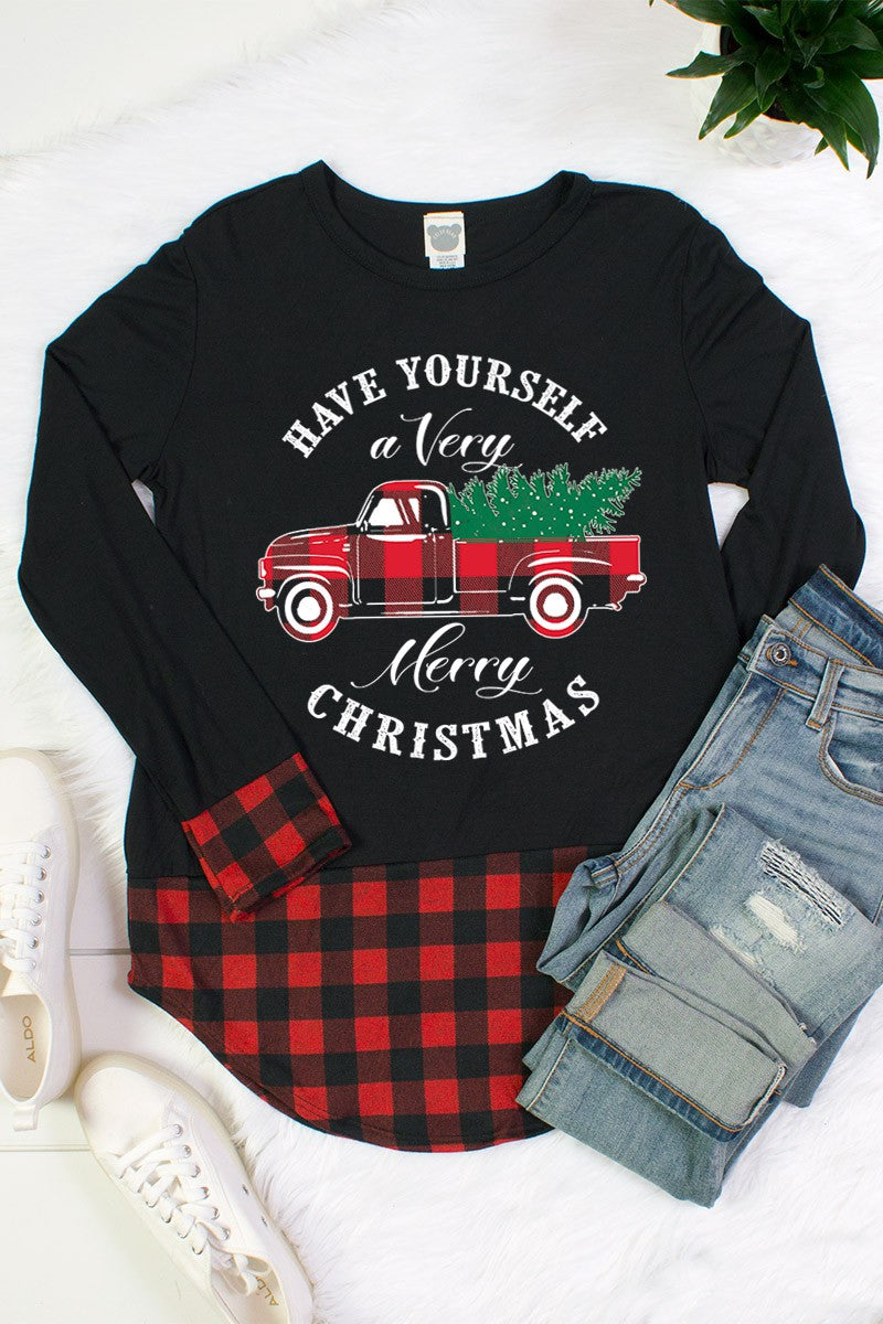 Have Yourself a Very Merry Christmas Truck Plaid Cuff and Hem Holiday Long Sleeve Shirt - SimplyCuteTees