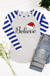 SALE Merry Christmas Believe Santa Hat Striped Sleeve Raglan Long Sleeve T-Shirt