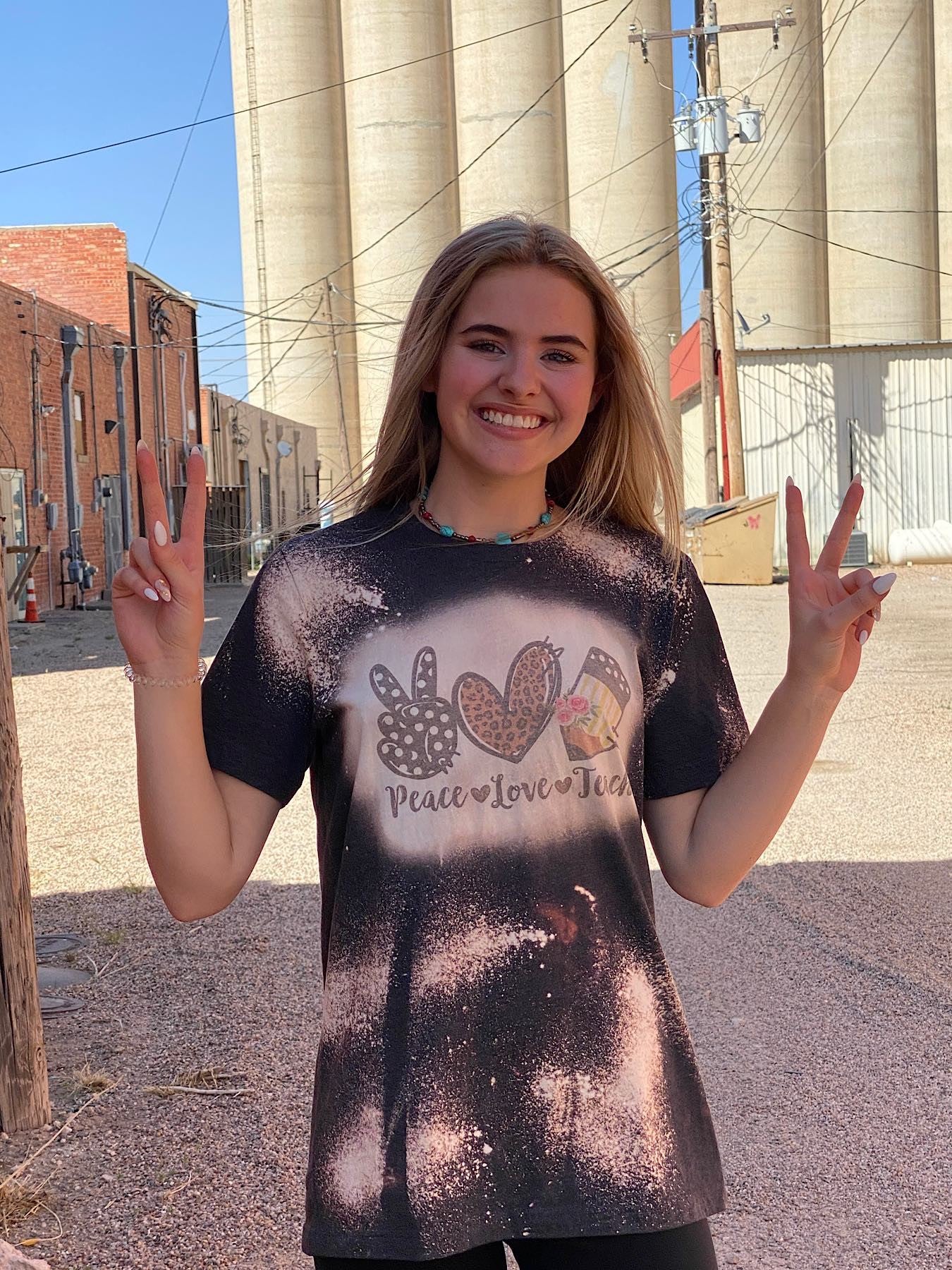 Peace Love Teach Teacher Bleached Dye Canvas Girlie T Shirt