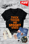 Thick Thighs &amp; Spooky Vibes Halloween Canvas Girlie V-Neck T Shirt