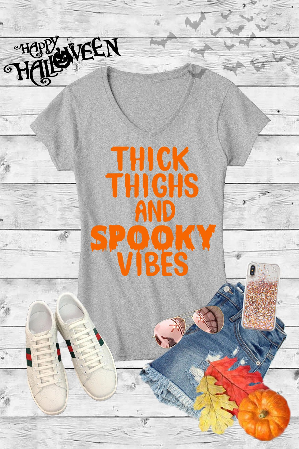 Thick Thighs & Spooky Vibes Halloween Canvas Girlie V-Neck T Shirt