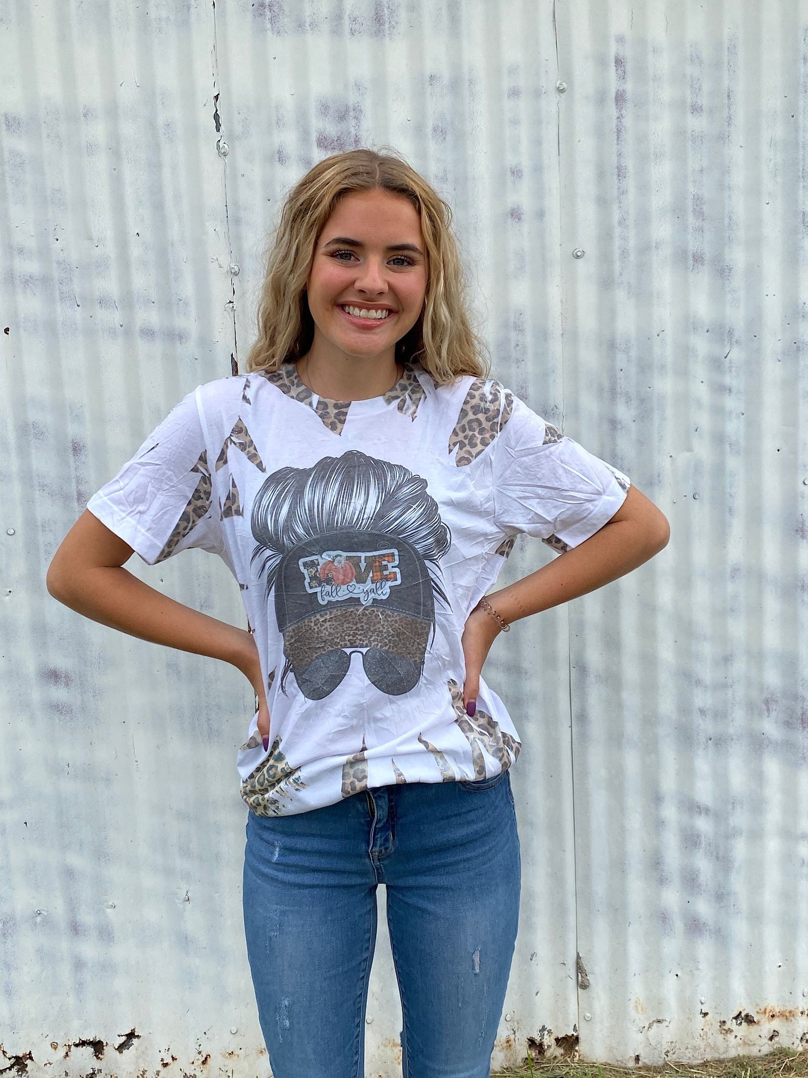 Love Fall Y'all Messy Bun Leopard Canvas Girlie T Shirt