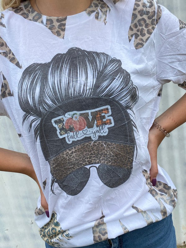 Love Fall Y&#39;all Messy Bun Leopard Canvas Girlie T Shirt