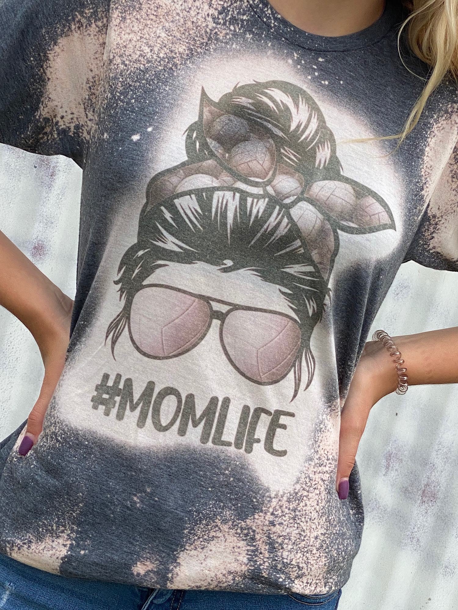 Volleyball Mom Life Messy Bun Bleached Dye Canvas Girlie T Shirt