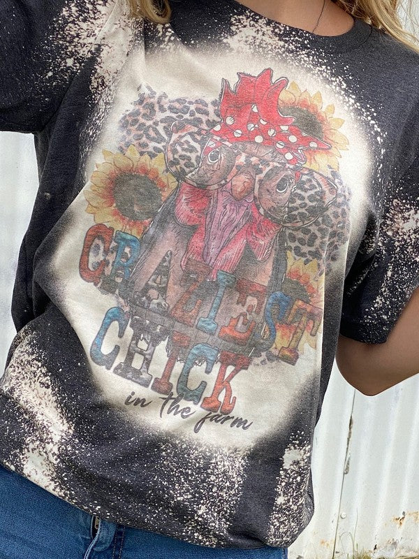 Craziest Chick in the Farm Leopard Bleached Dye Canvas Girlie T Shirt