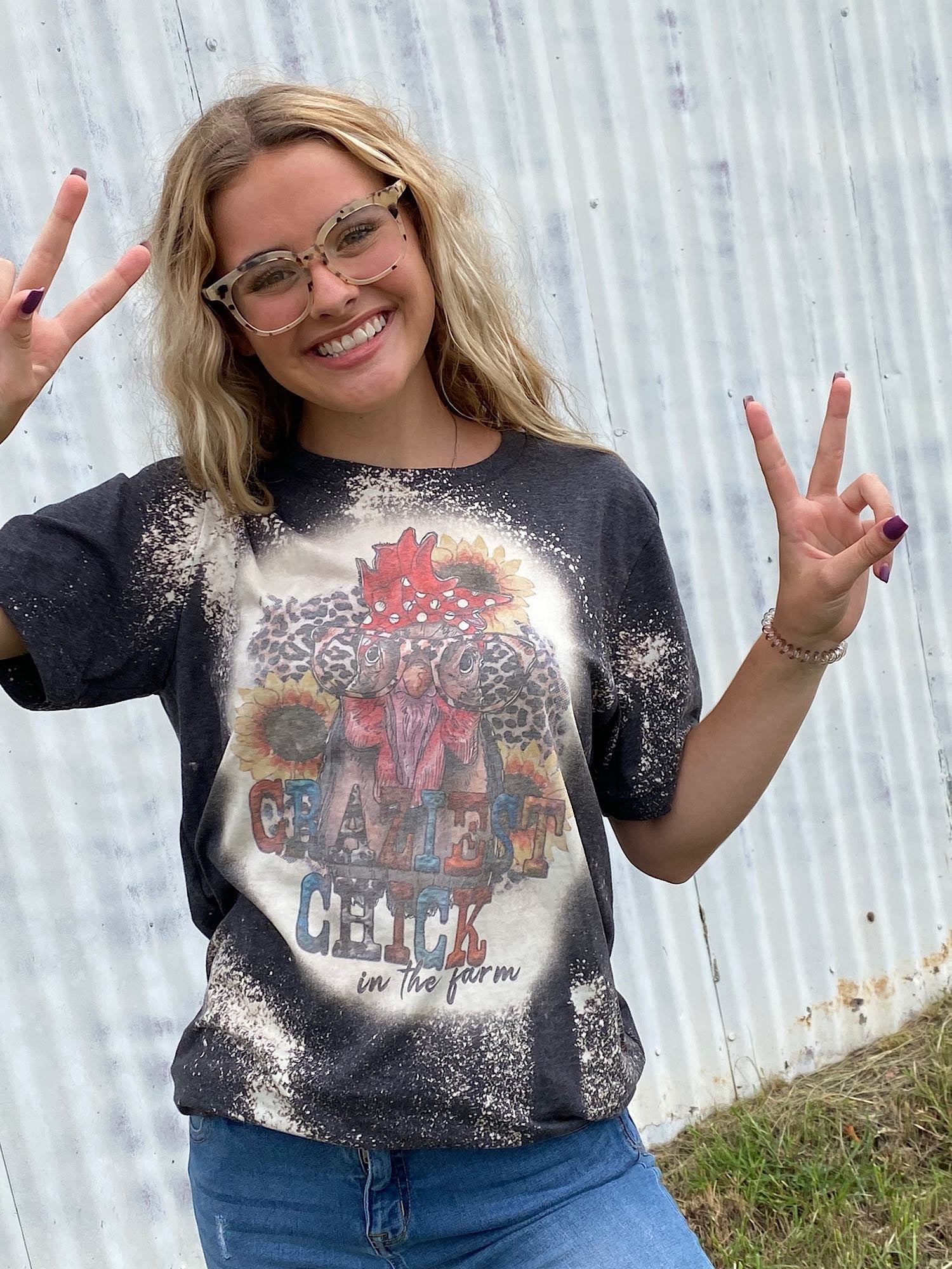 Craziest Chick in the Farm Leopard Bleached Dye Canvas Girlie T Shirt