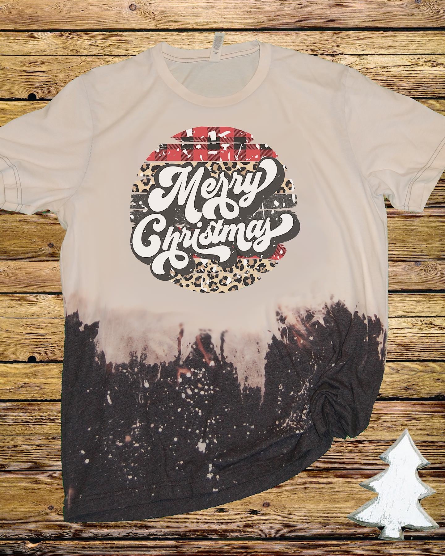 Merry Christmas Leopard Bleached Dye Canvas Girlie T Shirt