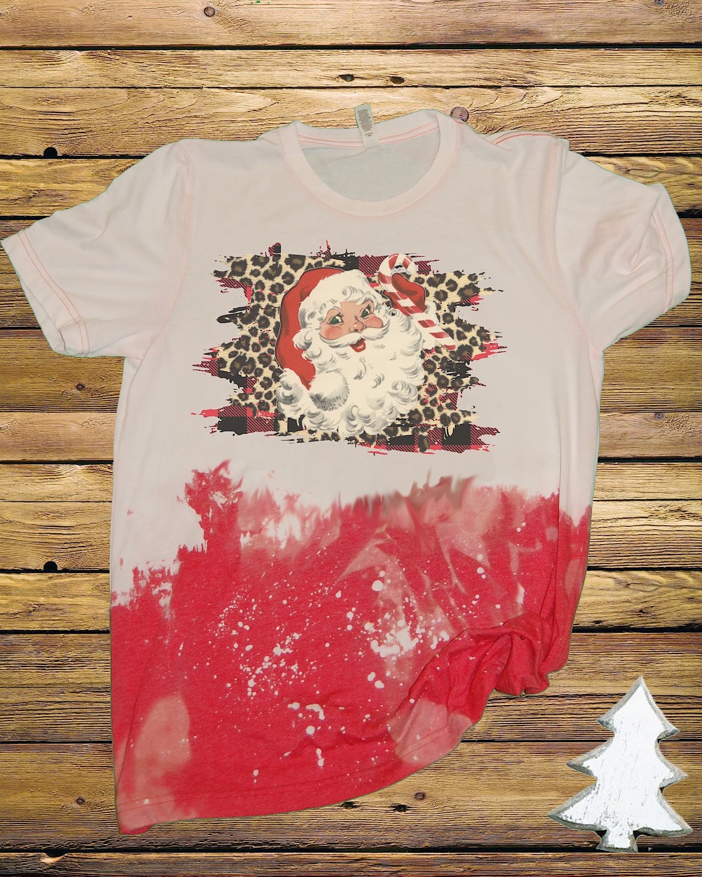 Leopard Santa Christmas Bleached Dye Canvas Girlie T Shirt
