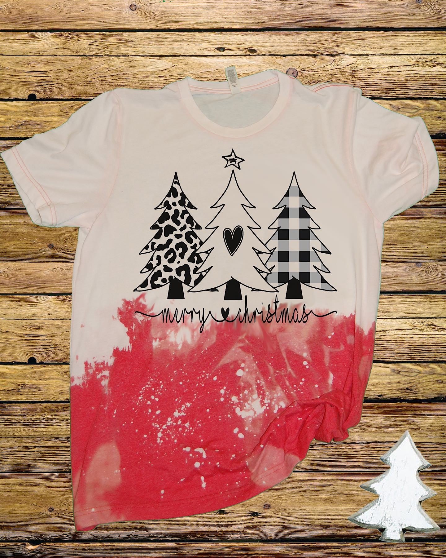 Merry Christmas Tree Trio Leopard Plaid Bleached Dye Canvas Girlie T Shirt