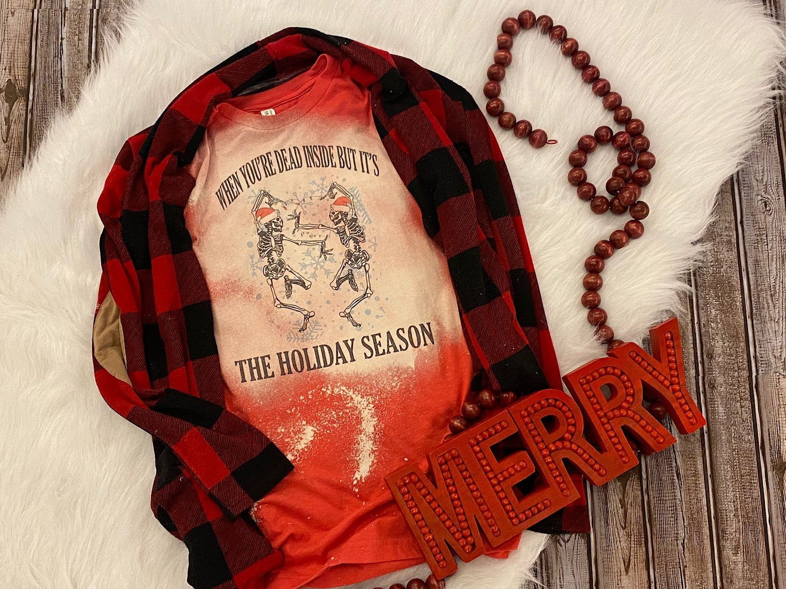 Dead Inside But It is Holiday Season Skeleton Christmas Bleached Dye Canvas Girlie T Shirt