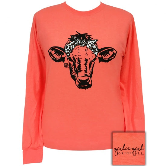 Girlie Girl Originals Preppy Leopard Bandana Cow Coral Long Sleeve T-Shirt