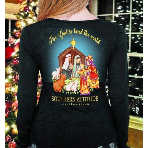 Southern Attitude Nativity Faith Holiday Black Long Sleeve T-Shirt