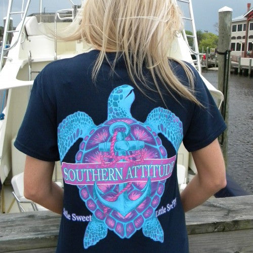 Country Life Outfitters Southern Attitude Snappy Turtle Anchor Bow Navy Vintage Girlie Bright T Shirt - SimplyCuteTees