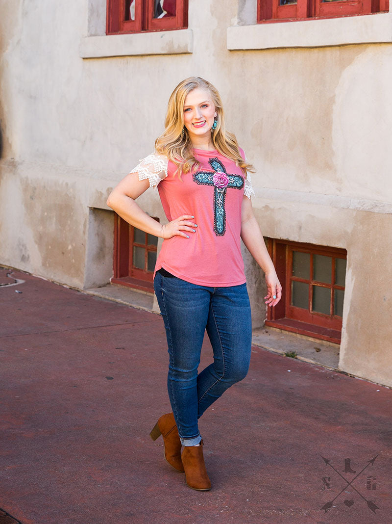 SALE Bjaxx Southern Grace Embroidered Rose Cross Lace Sleeves T-Shirt