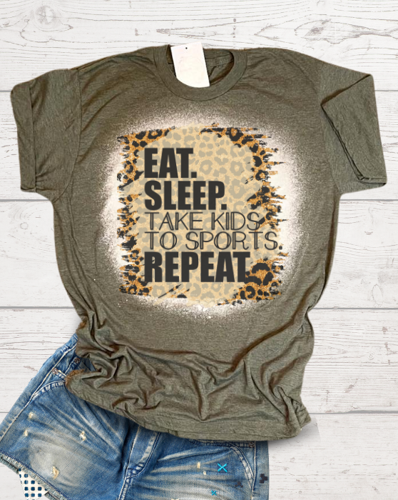 Eat Sleep Take Kids to Sports Repeat Leopard Bleached Dye Canvas Girlie T Shirt