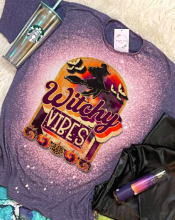 Witchy Vibes Halloween Fall Bleached Dye Canvas Girlie T Shirt