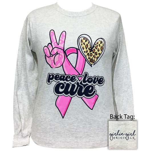 Girlie Girl Originals Peace Love Cure Breast Cancer Leopard Long Sleeves T Shirt