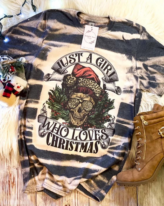 Just a Girl Who Loves Christmas Skull Leopard Bleached Dye Canvas Girlie T Shirt