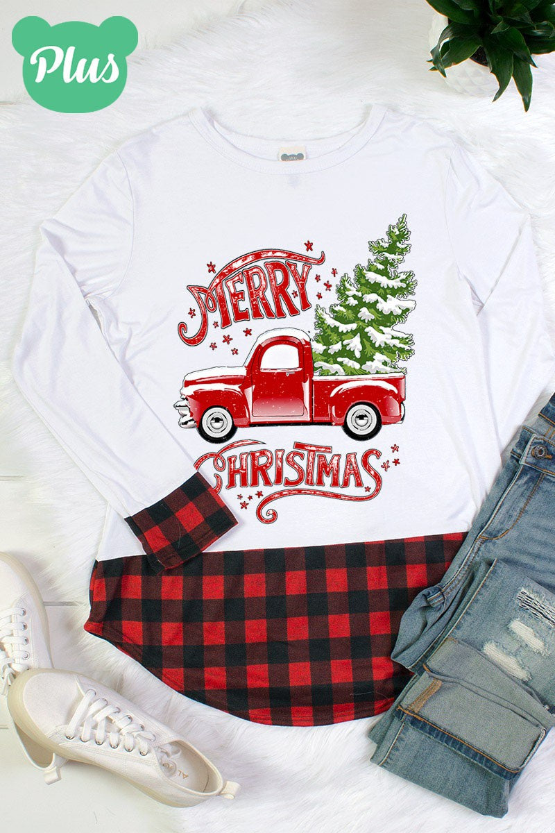 Merry Christmas Truck Plaid Cuff and Hem Holiday Long Sleeve Shirt - SimplyCuteTees