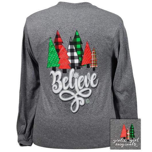 Girlie Girl Originals Believe Christmas Tree Patterns Long Sleeves T Shirt