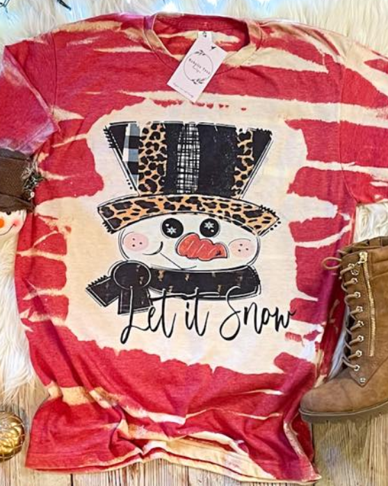 Snowman Let it Snow Leopard Plaid Bleached Dye Canvas Girlie T Shirt
