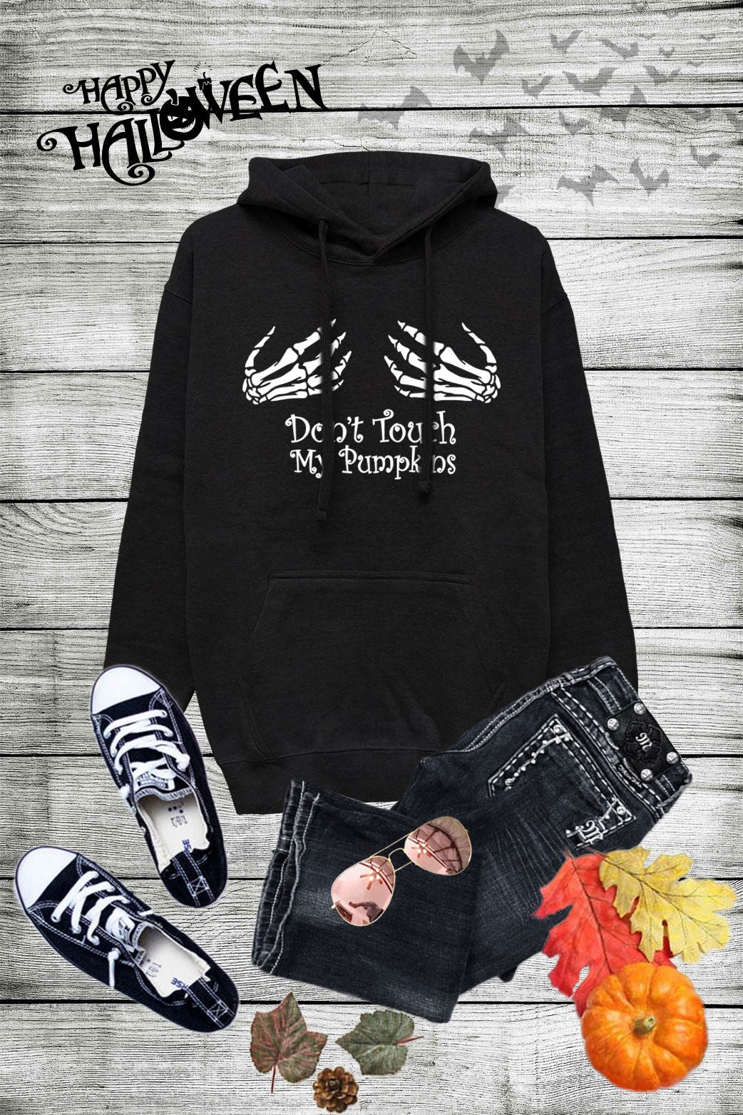 Don't Touch My Pumpkins Skeleton Hands Halloween Long Sleeve Sweatshirt Hoodie