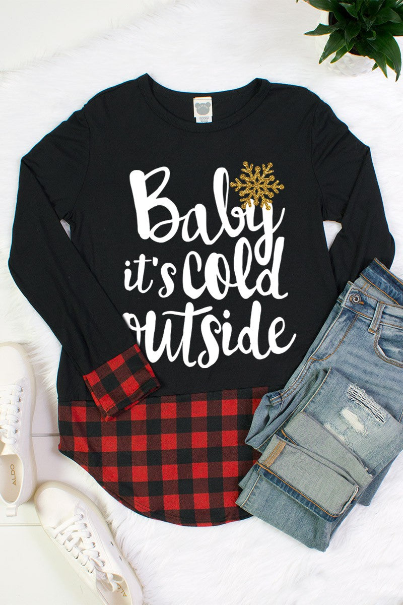 Baby It's Cold Plaid Cuff and Hem Holiday Long Sleeve Shirt - SimplyCuteTees