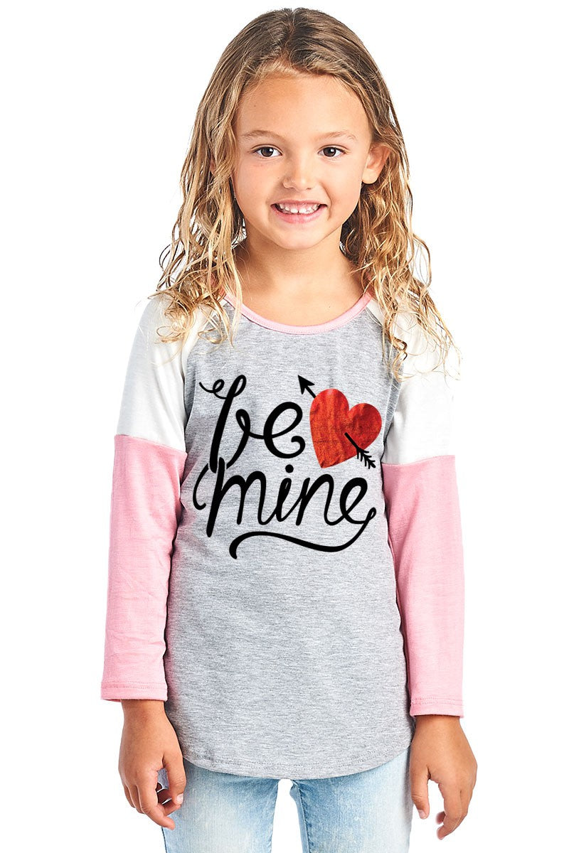 Youth Be Mine Valentine's Day Color Block Sleeve Raglan Long Sleeve Shirt