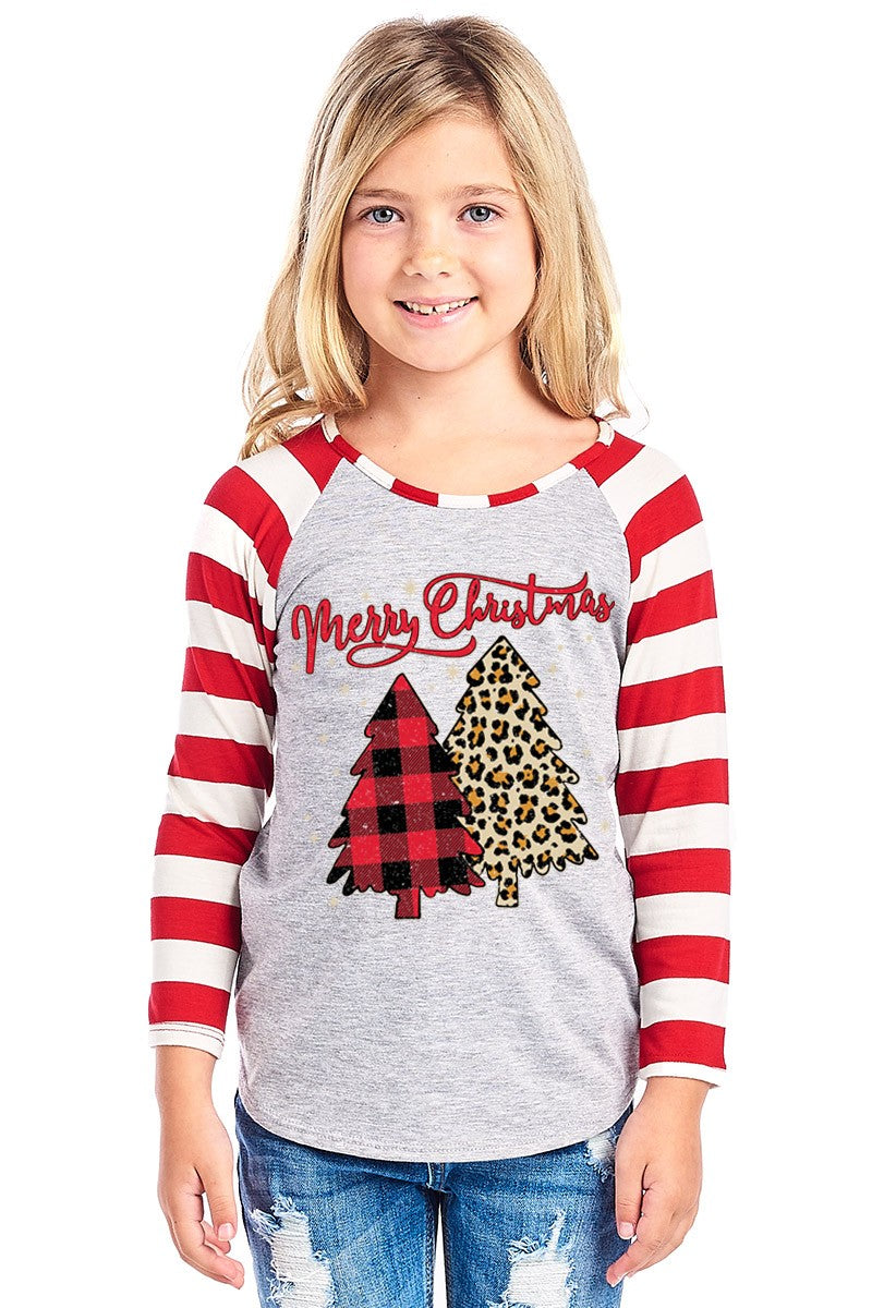 SALE Youth Merry Christmas Tree Leopard Plaid Striped Sleeve Raglan Long Sleeve Shirt