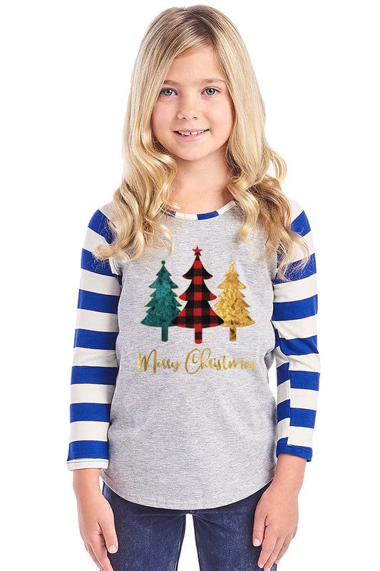SALE Youth Merry Christmas Tree Plaid Striped Sleeve Raglan Long Sleeve Shirt