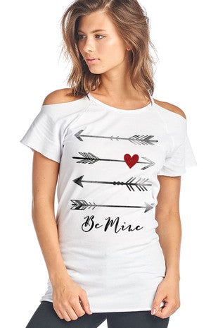 SALE Be Mine Arrows Cold Shoulder Cut Out Valentines Day Short Sleeve Shirt
