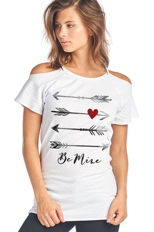 Be Mine Arrows Cold Shoulder Cut Out Valentines Day Short Sleeve Shirt
