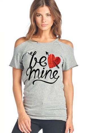 Be Mine Heart Arrow Cold Shoulder Cut Out Valentines Day Short Sleeve Shirt