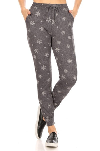 Gray Snowflake Print Fleece Lined Soft Lounge Jogger Pants