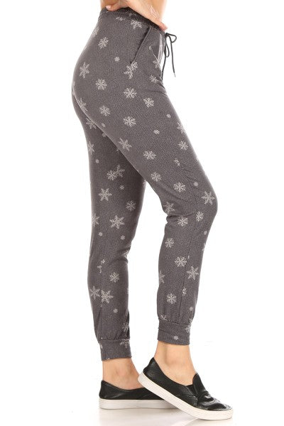 Gray Snowflake Print Fleece Lined Soft Lounge Jogger Pants