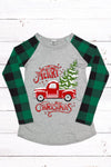 Merry Christmas Truck Buffalo Plaid Sleeve Raglan Long Sleeve T-Shirt