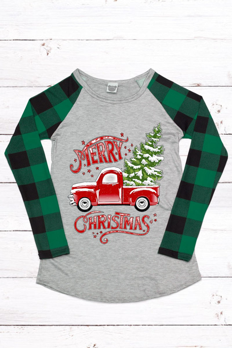 Merry Christmas Truck Buffalo Plaid Sleeve Raglan Long Sleeve T-Shirt - SimplyCuteTees