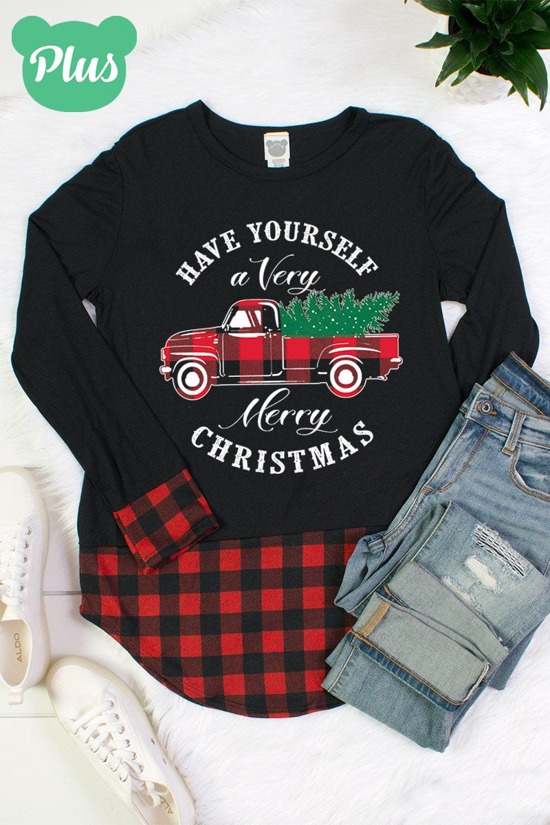 Have Yourself a Very Merry Christmas Truck Plaid Cuff and Hem Holiday Long Sleeve Shirt