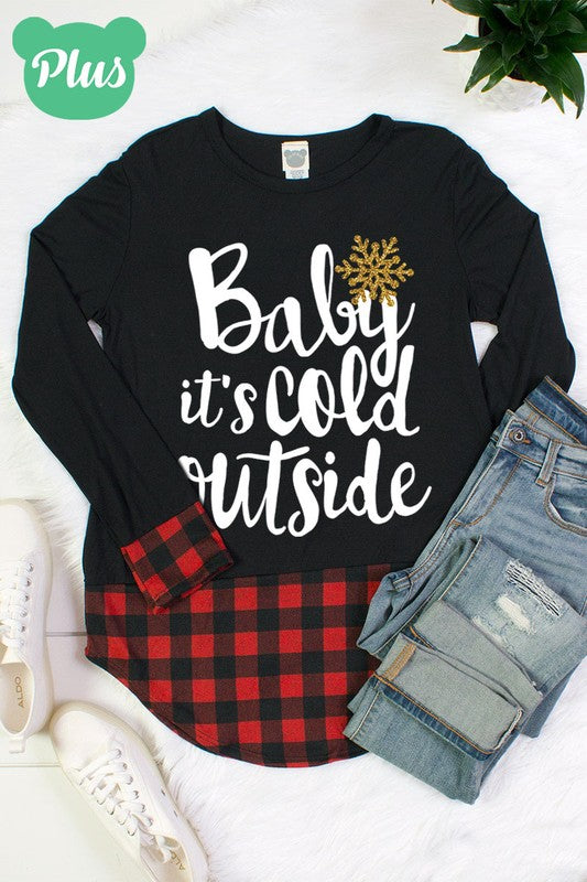 Baby It&#39;s Cold Plaid Cuff and Hem Holiday Long Sleeve Shirt
