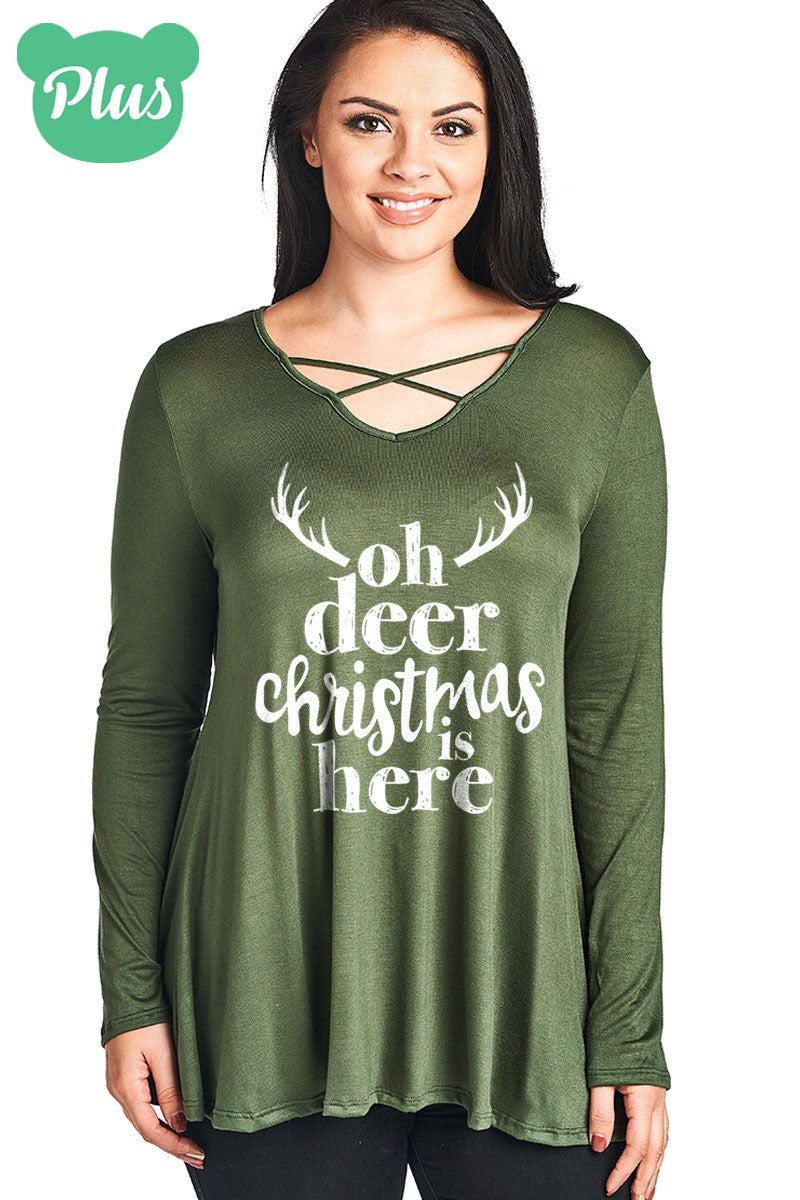 SALE Oh Deer Christmas is Here Holiday Criss Cross Long Sleeve Shirt