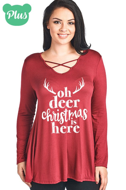 SALE Oh Deer Christmas is Here Holiday Criss Cross Long Sleeve Shirt