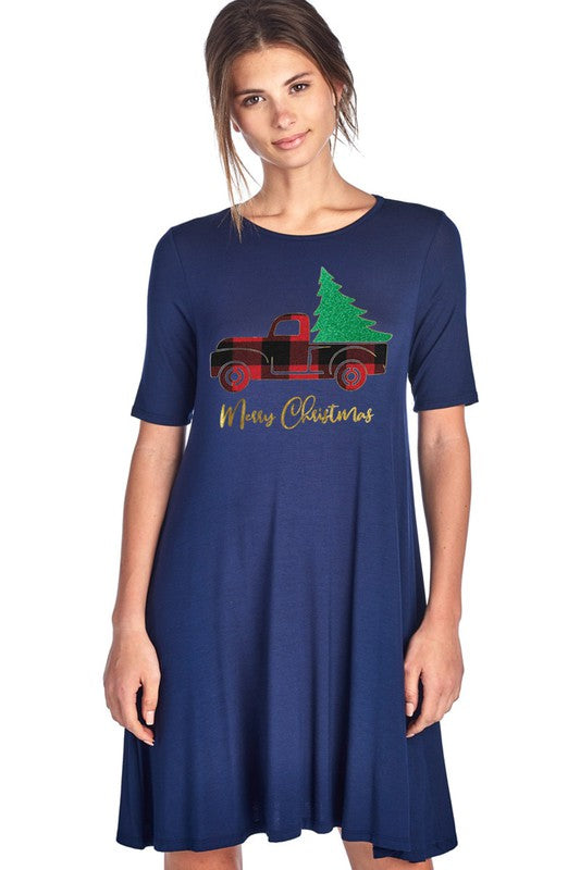 SALE Merry Christmas Tree Holiday Casual Dress Large / Blue for woman