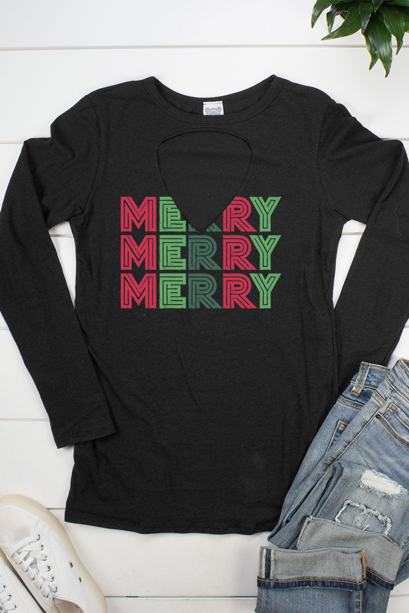Merry Merry Merry Christmas Cut Out Long Sleeve Shirt