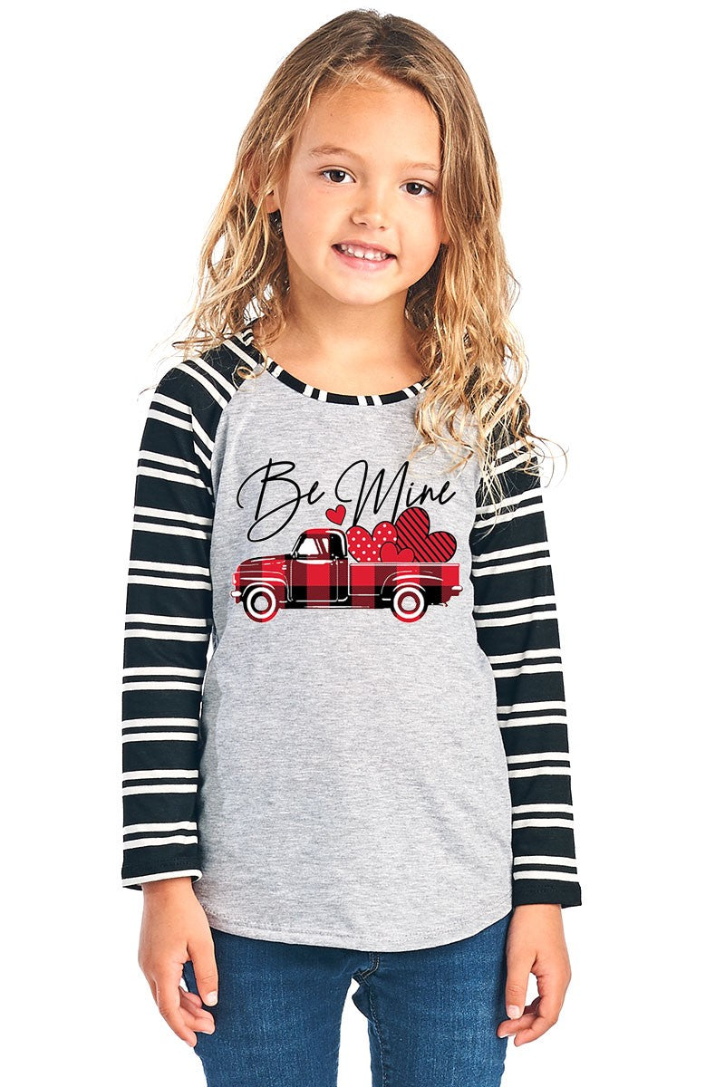 Youth Be Mine Valentine's Day Love Truck Striped Sleeve Raglan Long Sleeve Shirt