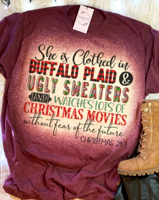She is Clothed in Buffalo Plaid Christmas Bleached Dye Canvas Girlie T Shirt