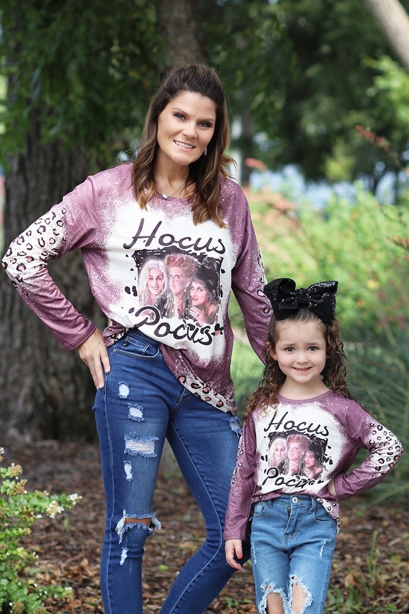 Mommy & Me Baby Youth Hocus Pocus Leopard Halloween Long Sleeve Bleach Dye T Shirt