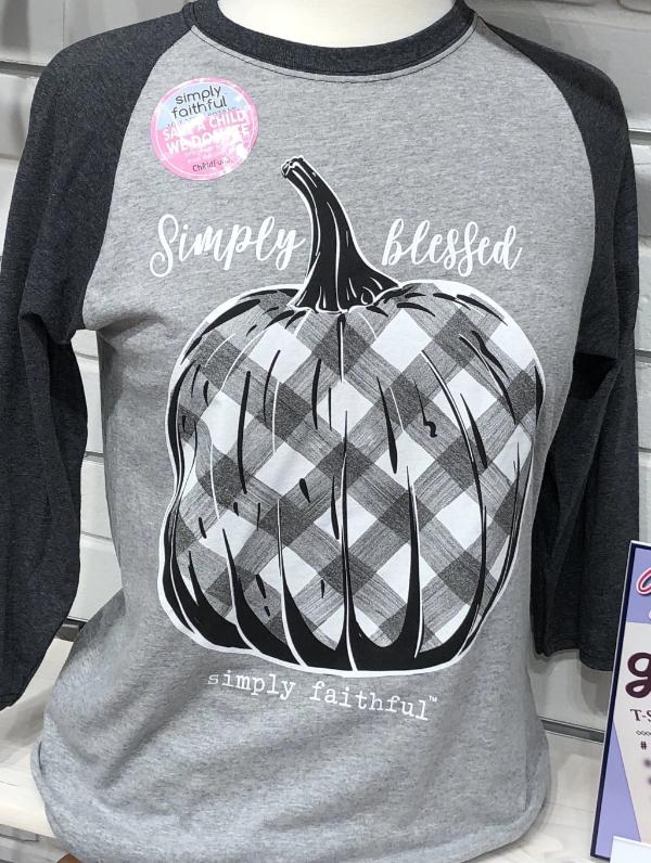 Simply Faithful By Simply Southern Blessed Plaid Pumpkin Fall Long Sleeve T-Shirt