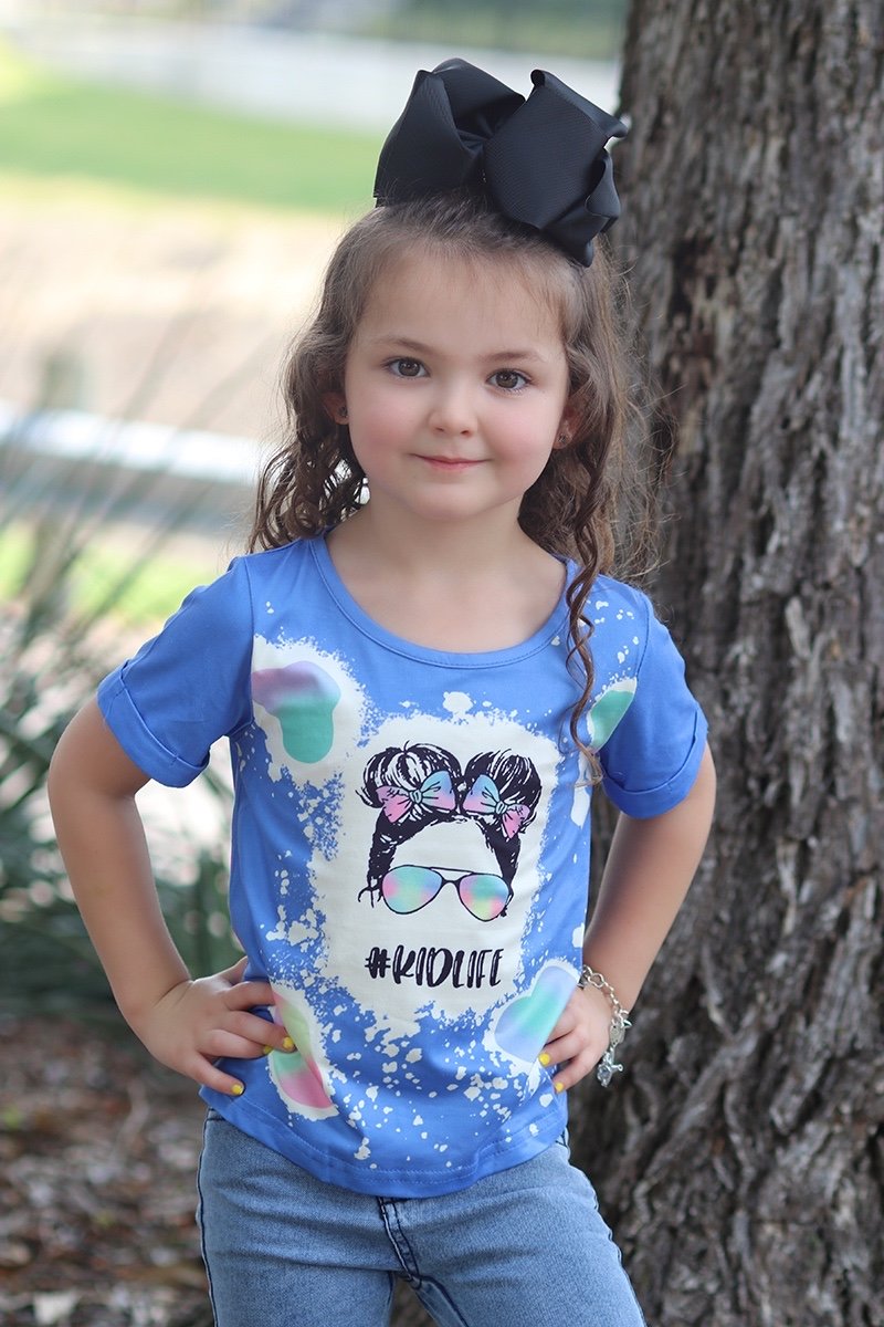 Youth Baby Kid Life Sunglasses Buns Bows Bleach Dye T Shirt