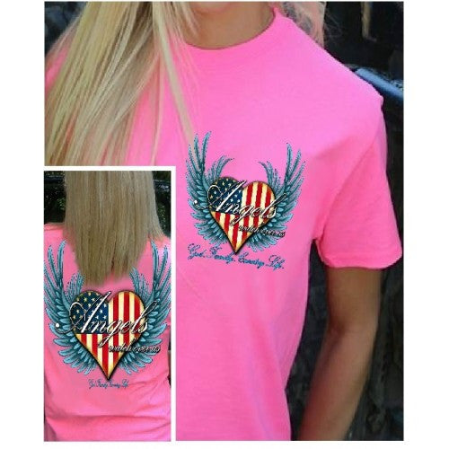 Country Life Outfitters Angel Pink USA Heart American Flag Wings Vintage Girlie Bright T Shirt - SimplyCuteTees